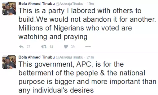 “APC is a party I labored with others to build, we would not abandon it for another”- Bola Tinubu